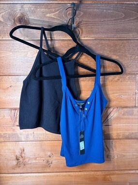Fashion Nova Ribbed Royal Blue and Black No Label Cropped Tank Duo Medium